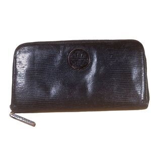 Tory Burch Wallet Black Leather Full Zip‎ Pockets Designer